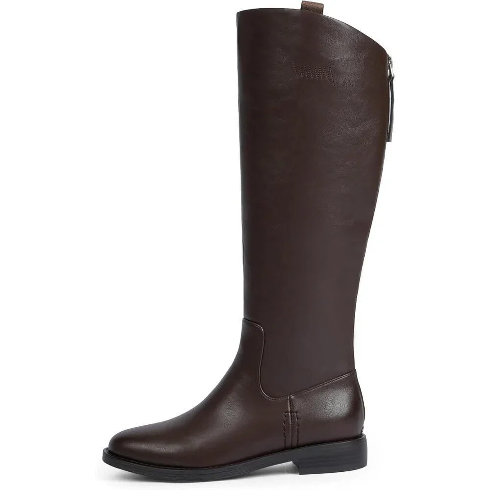 Women's A-chocolate Rounded Toe Flat Low Chunky Zip Heel Knee High Boots
